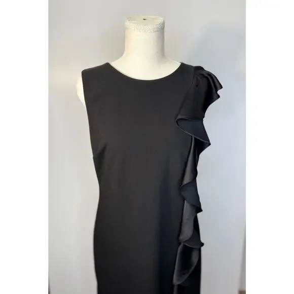 White House Black Market Black Ruffle Sheath Dress Medium Petite MP Cocktail LBD - Picture 12 of 16